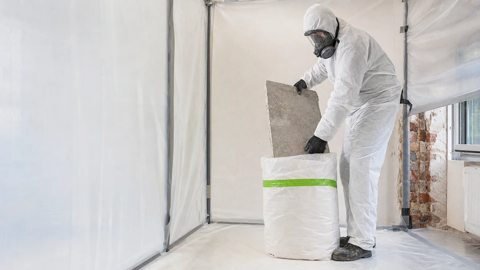 Asbestos removal operative in full protective equipment working inside a sealed enclosure