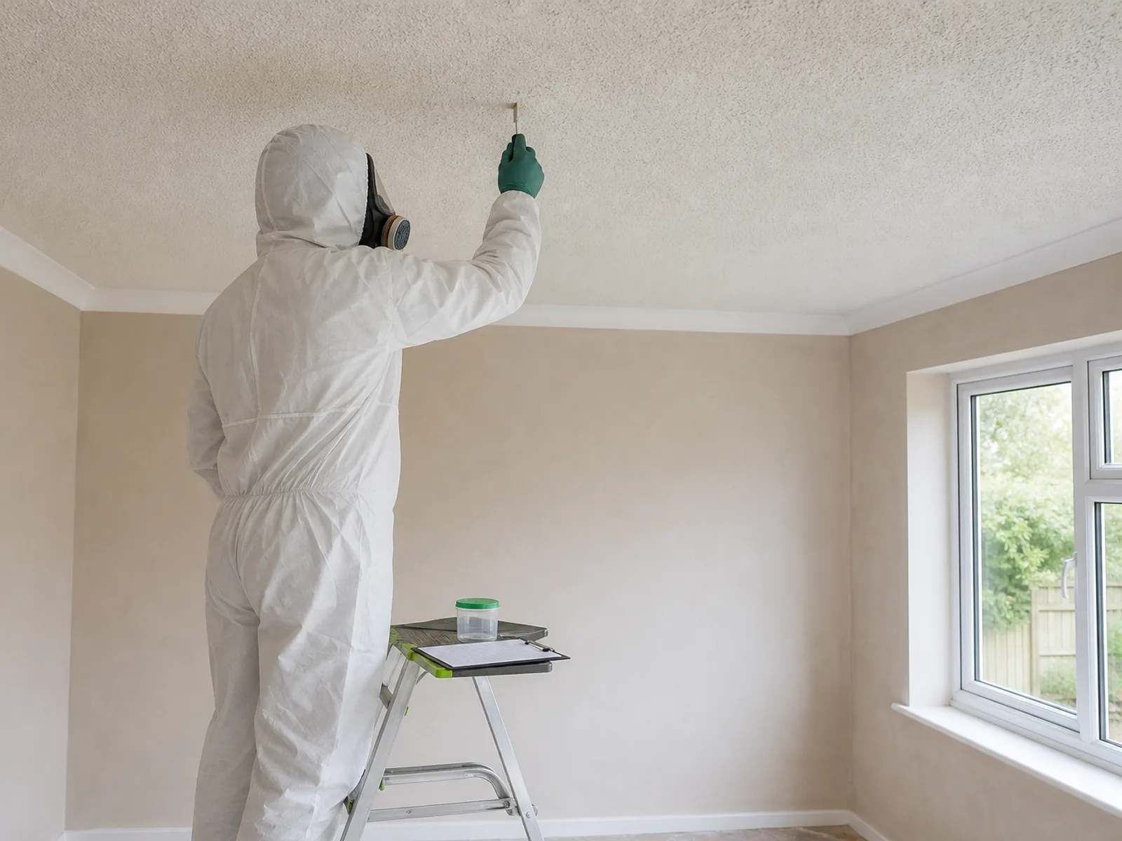 Surveyor in protective equipment taking an asbestos sample from a ceiling during a property survey