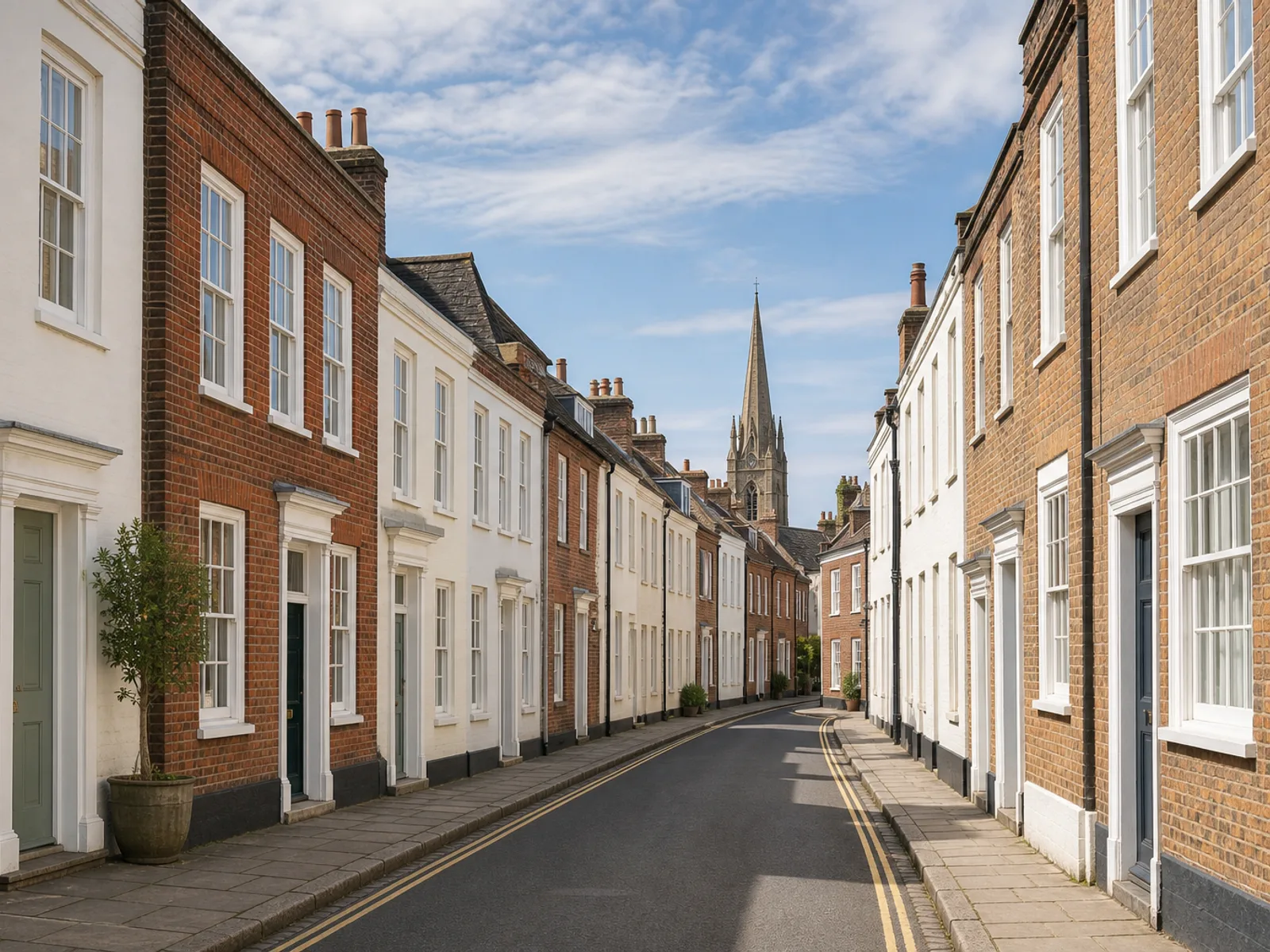 A narrow Georgian street of brick and painted-render houses in Chichester with the cathedral spire beyond
