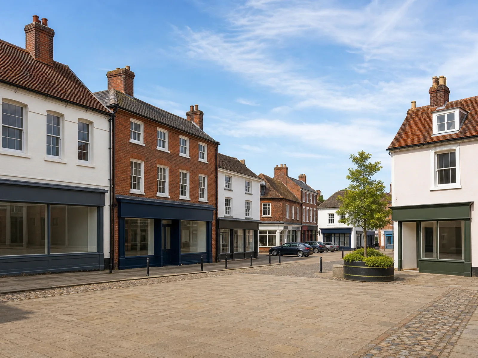 Georgian and Victorian townhouses with ground-floor shopfronts edging the market square in Petersfield