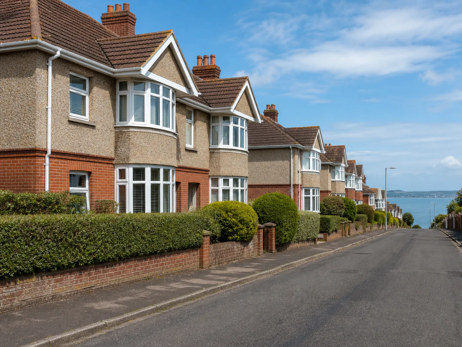 1930s bay-fronted semi-detached houses with side garages on a quiet Portchester street near the harbour