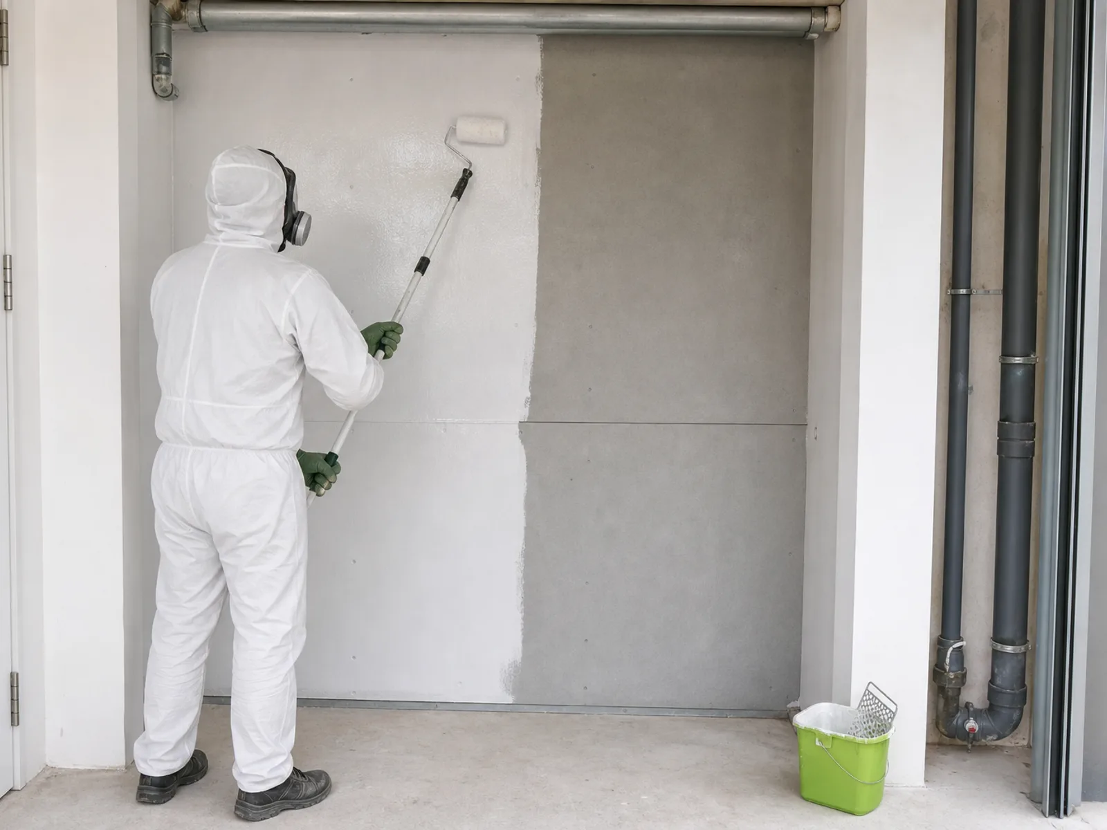 Operative roller-applying a sealant coating to an asbestos insulating board panel, half coated and half bare