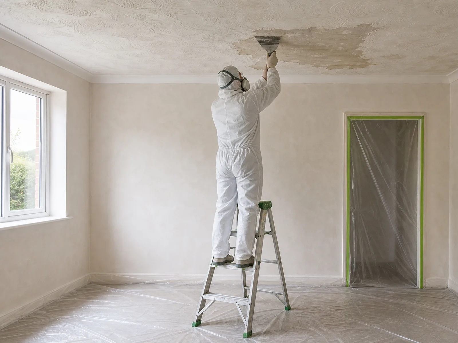 Operative removing a textured Artex ceiling coating with a wide scraper, the surface kept damp to suppress dust