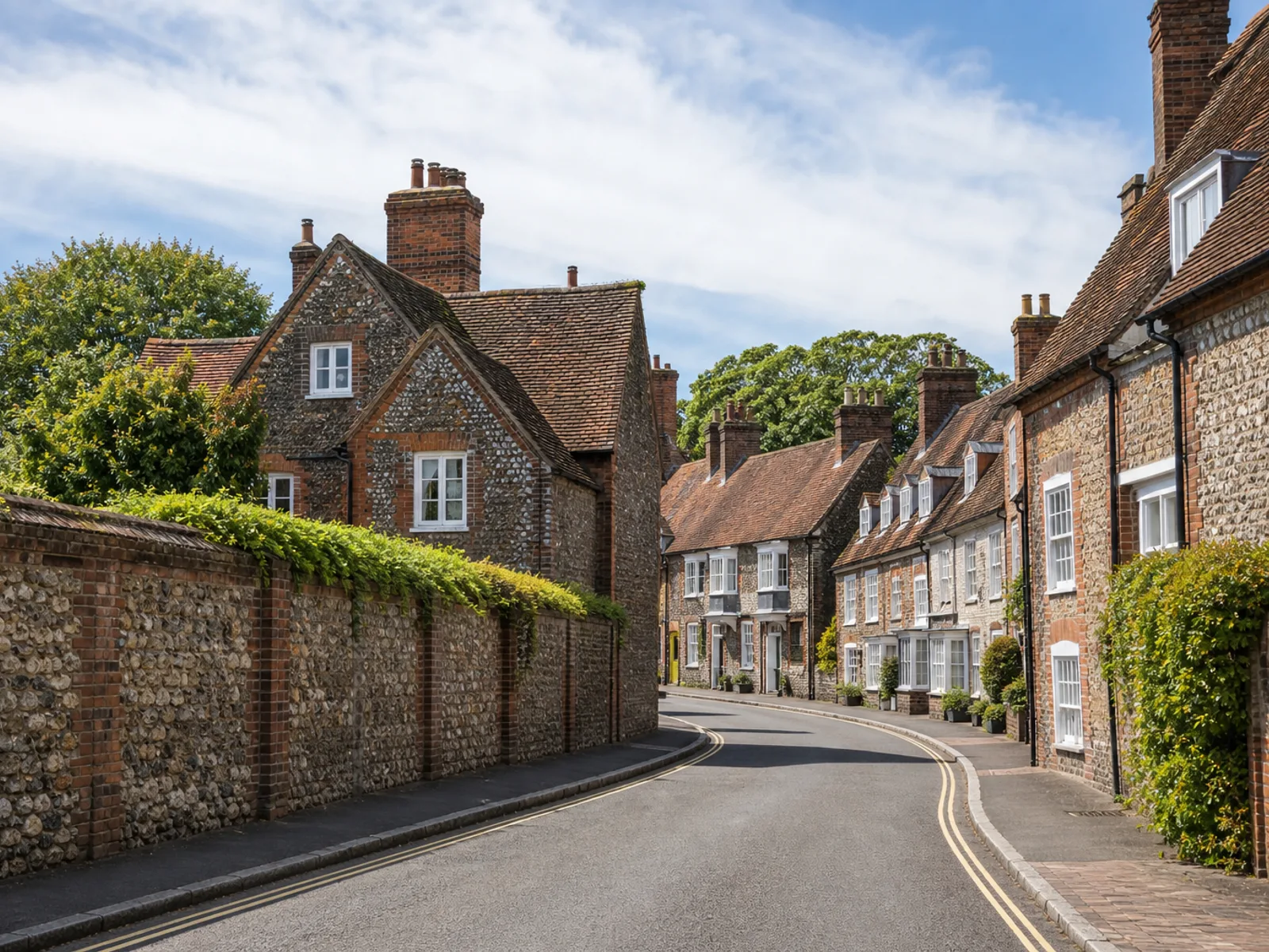 Flint and red-brick townhouses with steep tiled roofs on a historic Winchester street